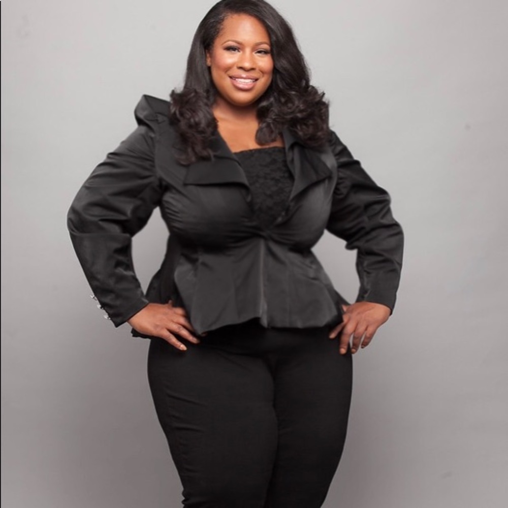 Black satin skirted blazer